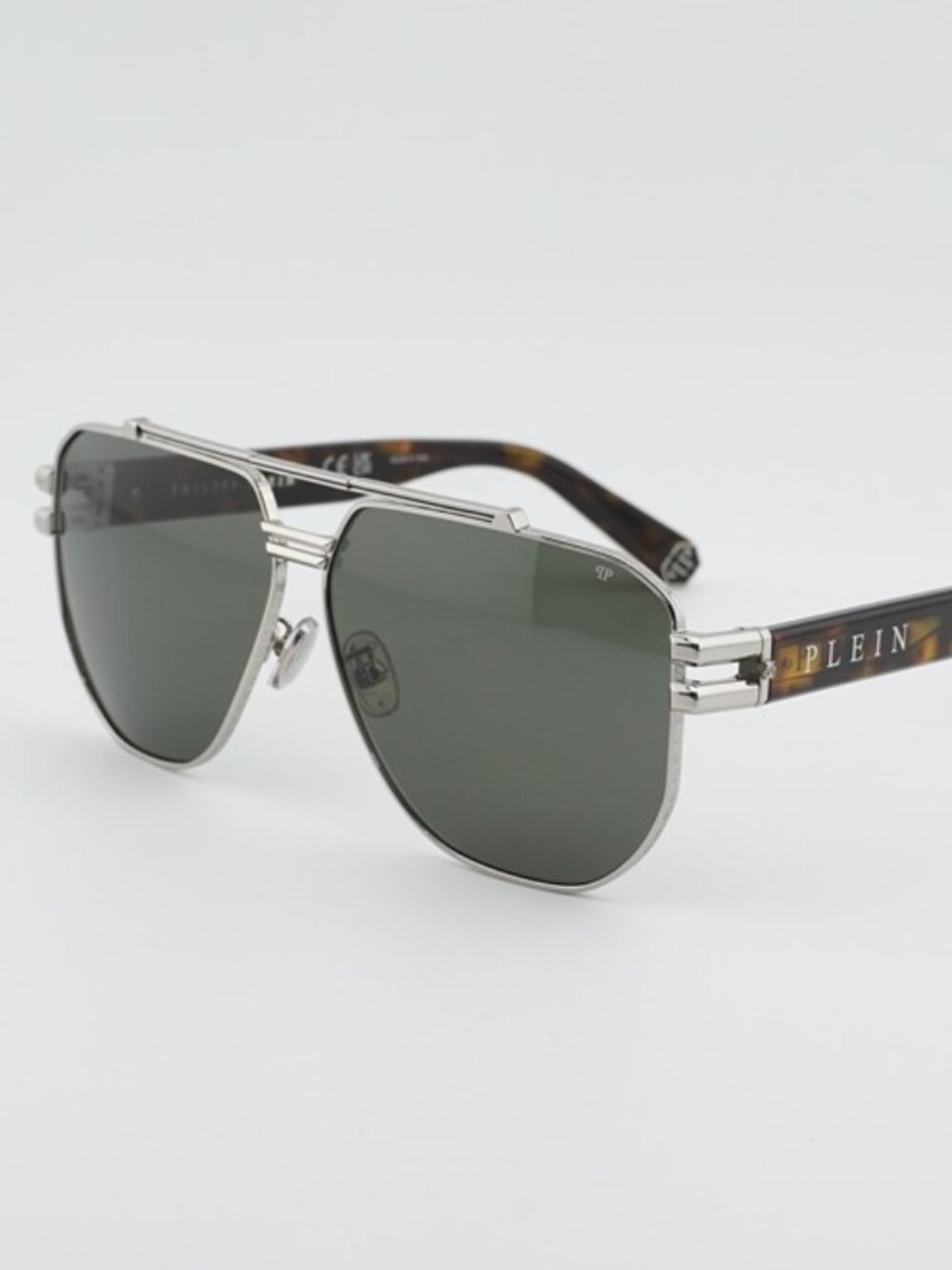 Philipp Plein SPP185 0K07 Sunglasses Palladium Aviator Frame, Green Lenses